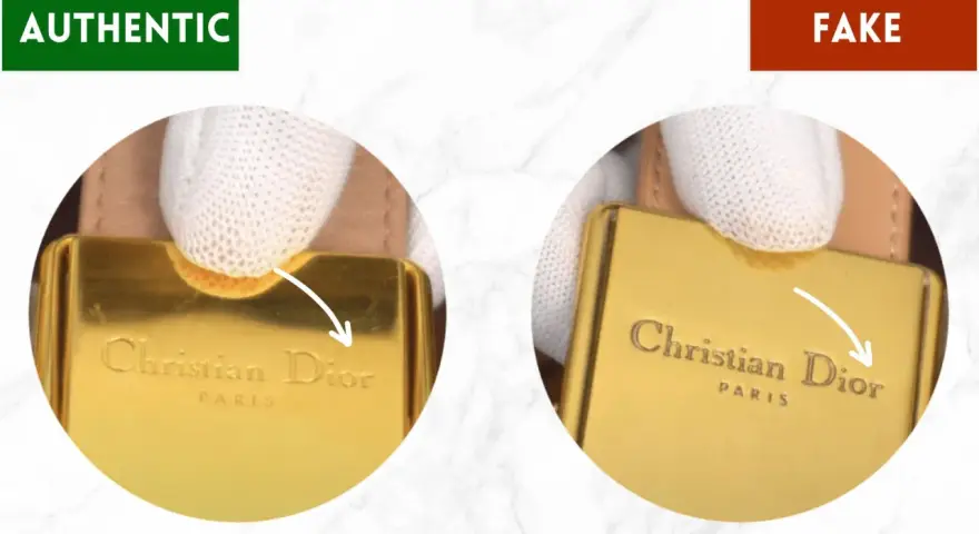Confronto tra un dettaglio autentico e uno falso di un accessorio firmato Dior azienda. Si notano differenze nella finitura e nella precisione del logo.