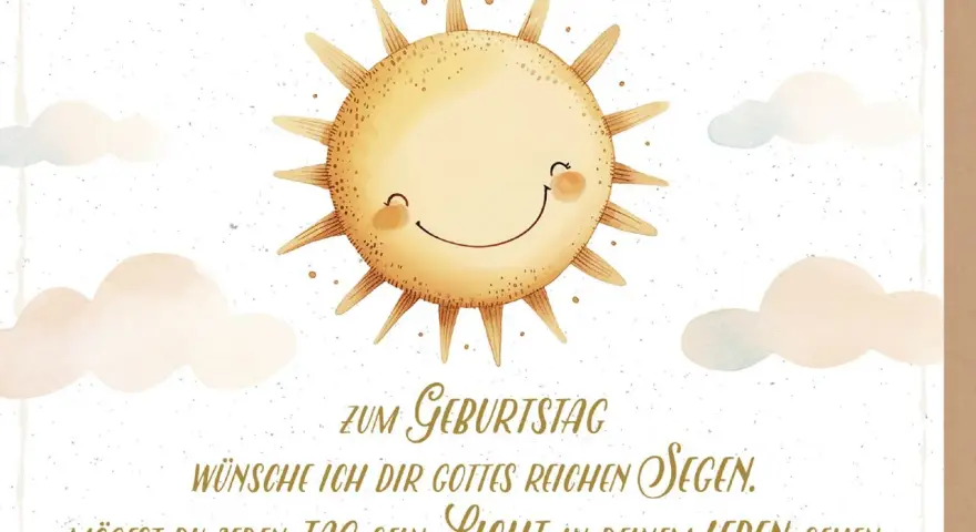 Sonnenschein-Illustration mit Wolken. Eine christliche Gratulation zum Geburtstag: "Zum Geburtstag wünsche ich dir Gottes reichen Segen. Mögest du jeden Tag sein Licht in deinem Leben sehen.