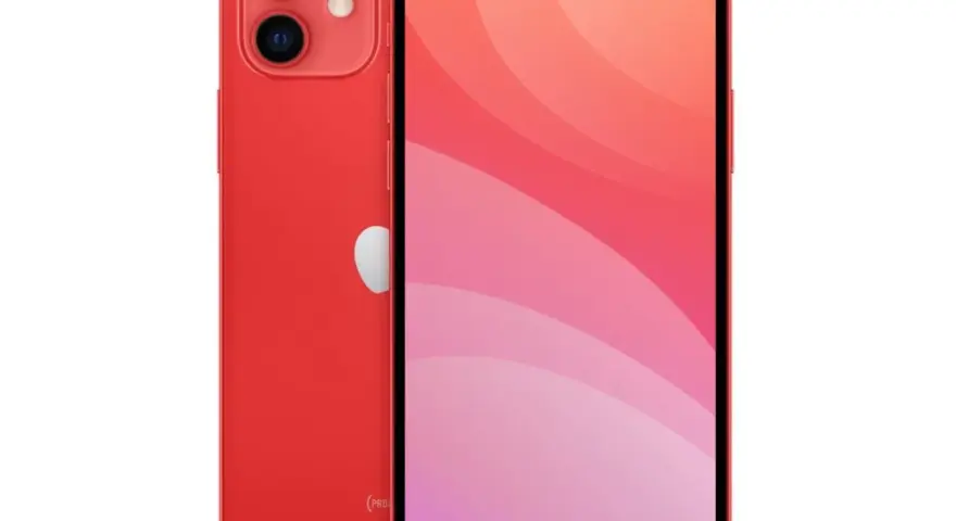 En röd iPhone 12 mini med en färgstark bakgrund på skärmen.
