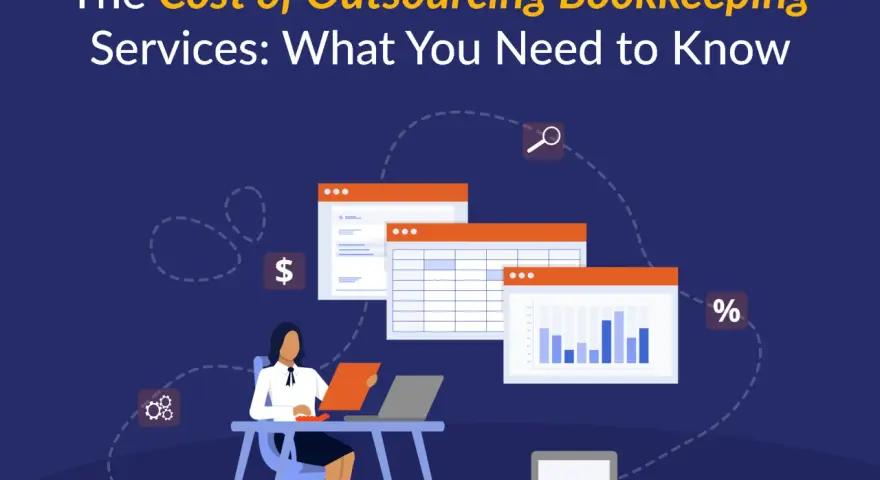 A woman works at a desk with a laptop, surrounded by financial charts and icons. The image illustrates the cost of outsourcing bookkeeping services.
