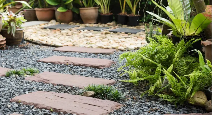 Schrittplatten führen durch einen Kiesgarten. Ein Steingarten anlegen wird hier mit Farnen und Gräsern umgesetzt.