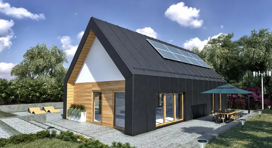 Nowoczesny dom modułowy 100m2 cena pod klucz, z panelami słonecznymi na dachu i tarasem.