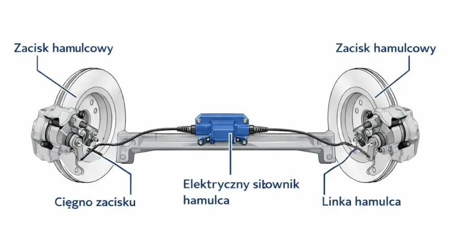 Schemat elektrycznego hamulca postojowego: zaciski hamulcowe, cięgno, linka i elektryczny siłownik.
