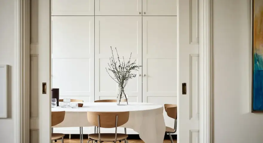 Comedor con mesa cubierta de mantel blanco, sillas de madera y un gran armario empotrado. El estilo ncs blanco aporta luminosidad.