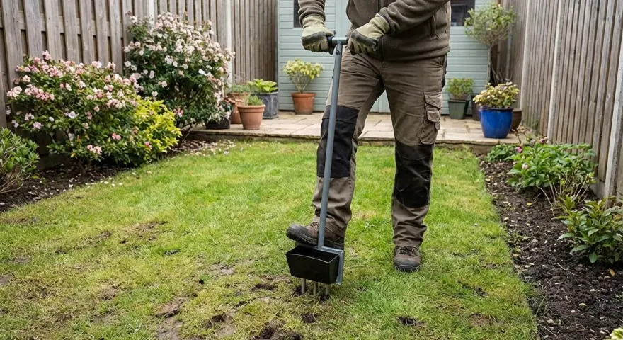 Gartenarbeit: Mit einem Werkzeug wird der Rasen aufgelockert, um ihn für besseres Wachstum vorzubereiten.