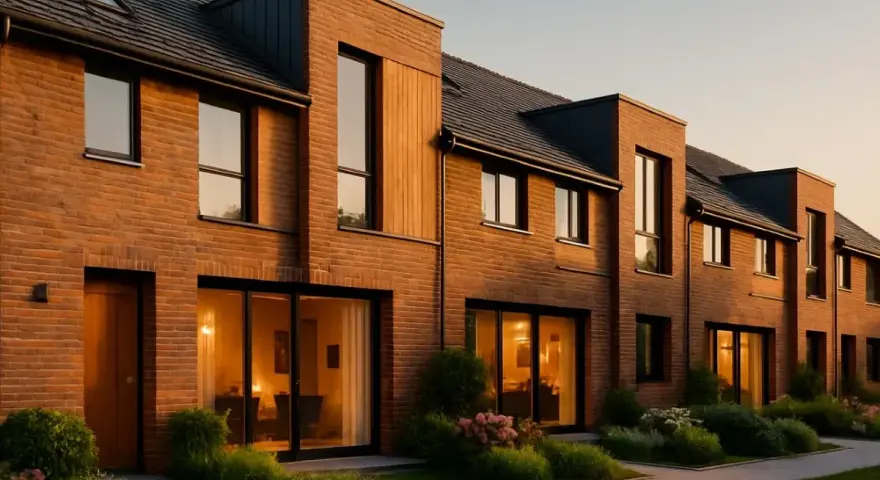 Nowoczesny dom szeregowy z cegły, z dużymi oknami i zadbanym ogrodem.