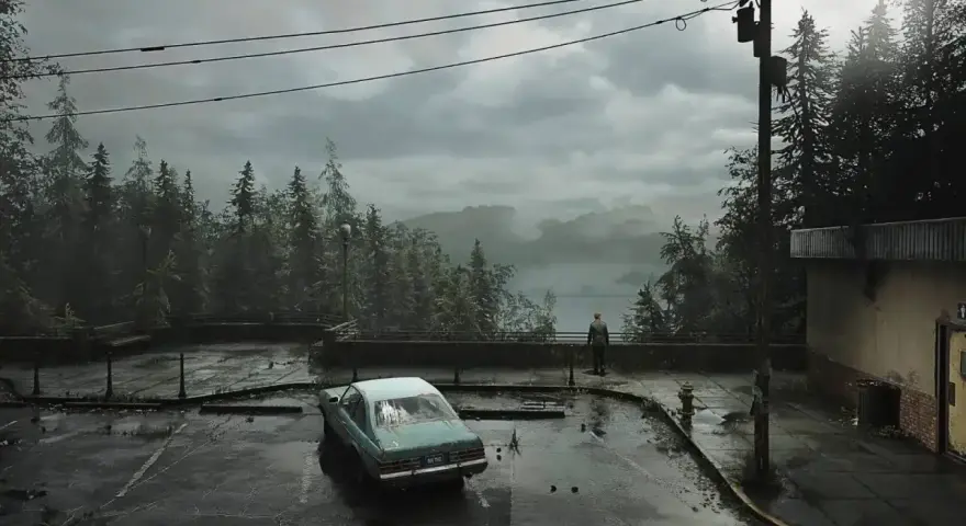Mroczny parking, opuszczony samochód i samotna postać w oddali. To zapowiedź klimatu, jaki zaoferuje silent hill 1 remake.