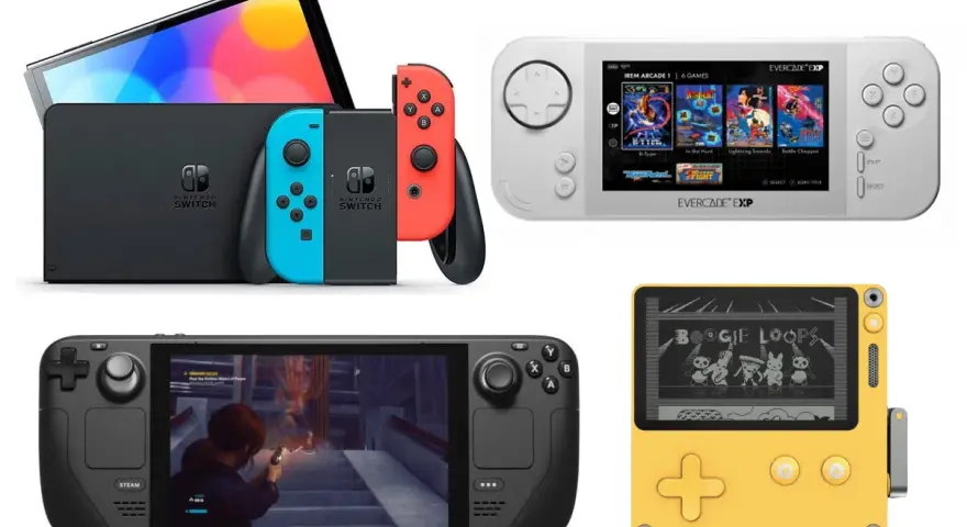 Comparativa de las mejores consolas portátiles: Nintendo Switch, Steam Deck, Evercade EXP y una retro amarilla.