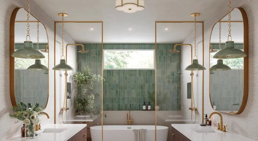Elegant bathroom with dual vanities, a freestanding tub, and green tiled showers. Learn how to hang a bathroom mirror in this stylish space.