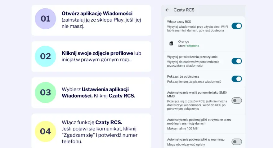 Instrukcja włączania czatów RCS na Androidzie: otwórz Wiadomości, kliknij profil, wybierz Ustawienia > Czaty RCS. Potwierdź numer telefonu.