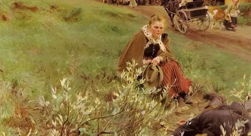 En kvinna sitter i gräset, en man ligger orörlig framför henne. Scenen påminner om hur Zorn ofta målade livet på landsbygden.