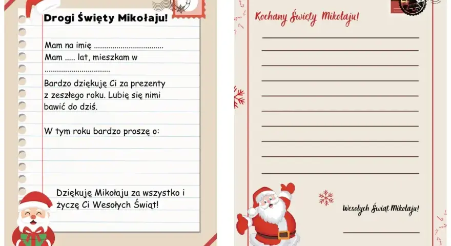 Wzmacniający list do dziecka z miejscem na wpisanie imienia, wieku i życzeń dla Świętego Mikołaja.