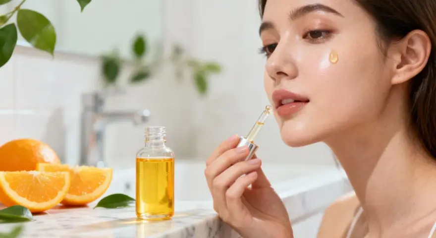 Une goutte d'huile à la vitamine C sur la joue d'une femme, à côté d'une bouteille et d'oranges.