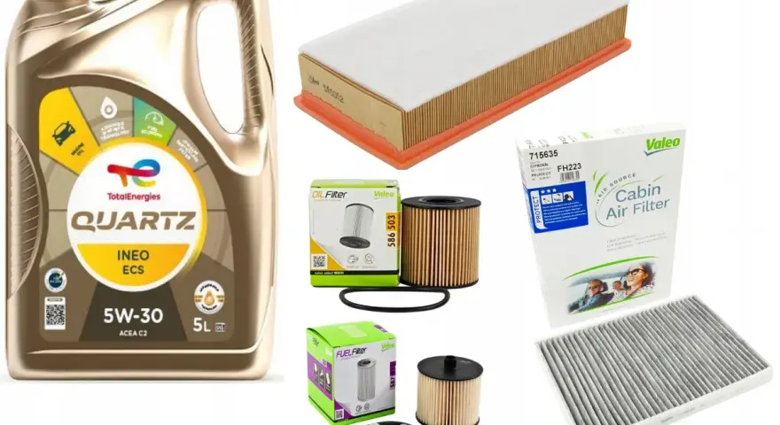 Olej TotalEnergies Quartz 5W-30 ACEA C2, idealny do silnika 1.6 HDI, wraz z filtrami powietrza, kabinowym i oleju.