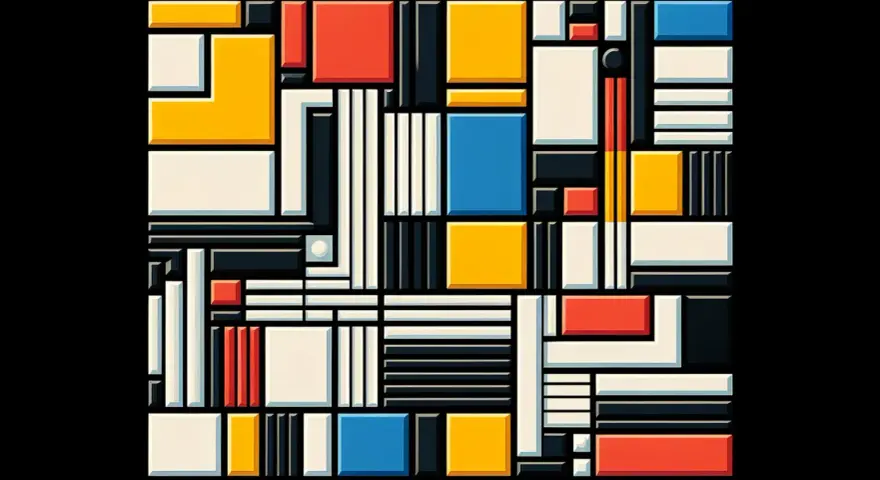 Composition abstraite de style De Stijl, avec des rectangles et carrés aux couleurs primaires, blanc et noir, créant un jeu d'ombres et de lumières.