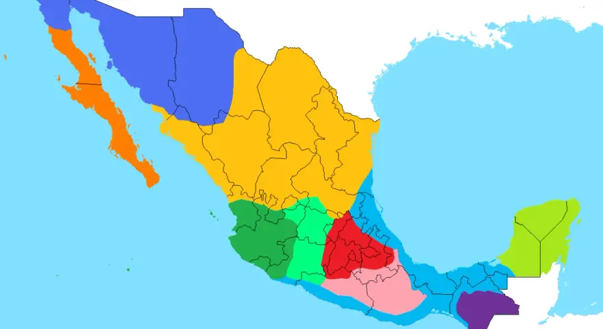 Mapa de México con áreas coloreadas que representan diferentes tipos de dialectos.