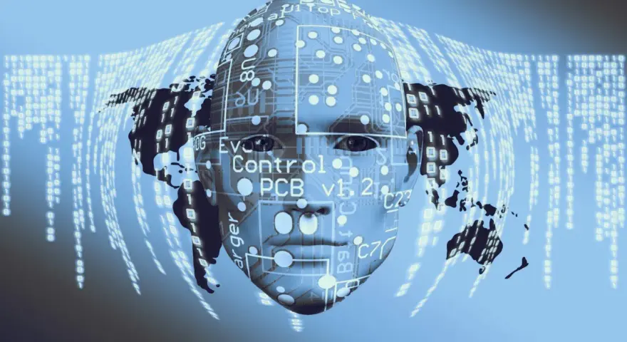 Rostro humano digital con mapa mundial y código binario. Explora qué es la IA y cómo funciona.