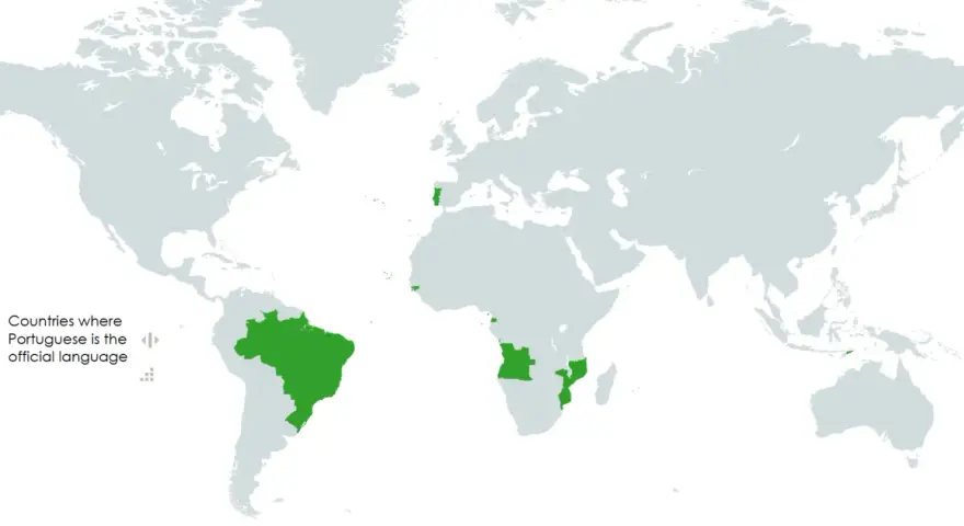 Mapa świata z zaznaczonymi krajami, gdzie językiem urzędowym jest portugalski. Widać Brazylię, Portugalię, Angolę, Mozambik i inne.