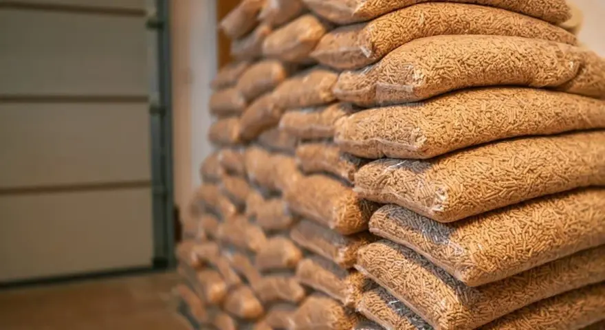 Impilati in un magazzino, tanti sacchi di pellet, circa 70 per bancale, pronti per riscaldare l'inverno.