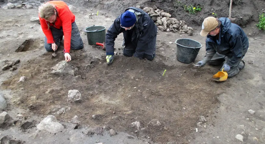 Antropologowie pracują na stanowisku archeologicznym, ostrożnie badając ziemię.