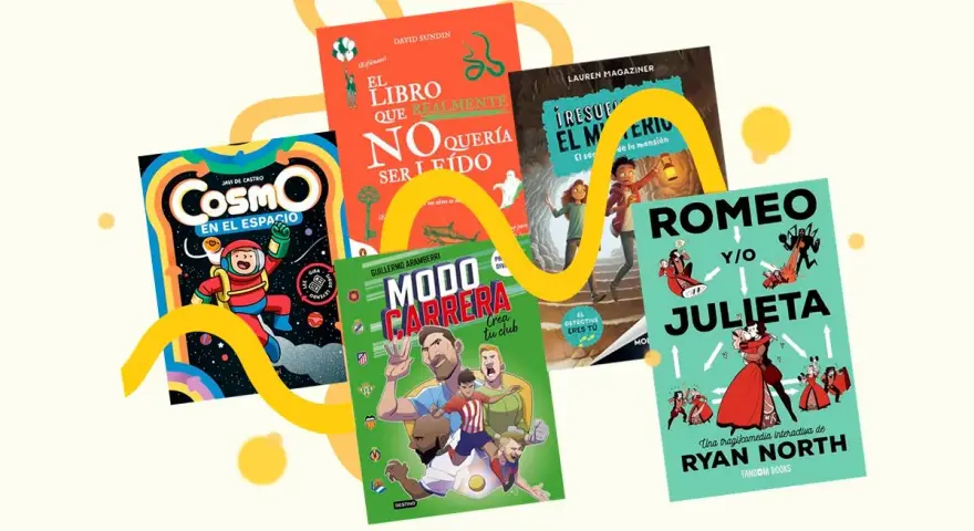 Libros con diversos temas: un astronauta en el espacio, un misterio en una mansión, fútbol, y una versión interactiva de Romeo y Julieta.