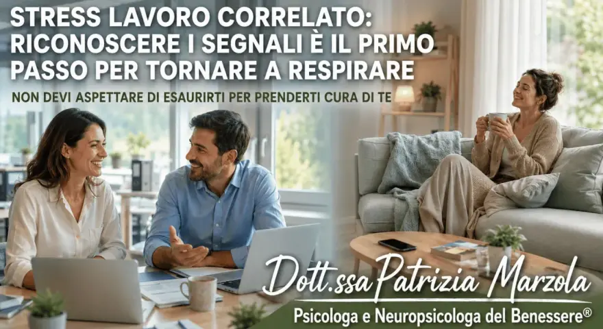 Coppia sorridente in ufficio e donna rilassata a casa, per riconoscere i sintomi stress da lavoro e prendersi cura di sé.