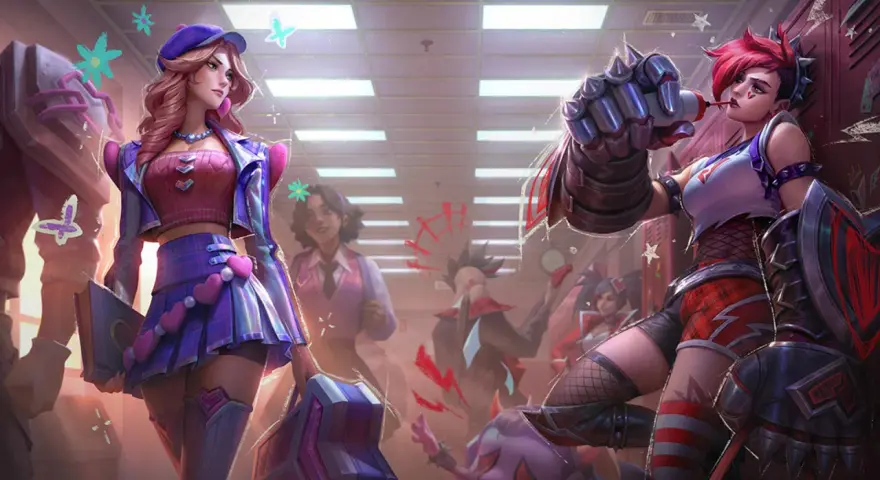Postacie z League of Legends w szkolnych strojach, w tle korytarz szkolny.