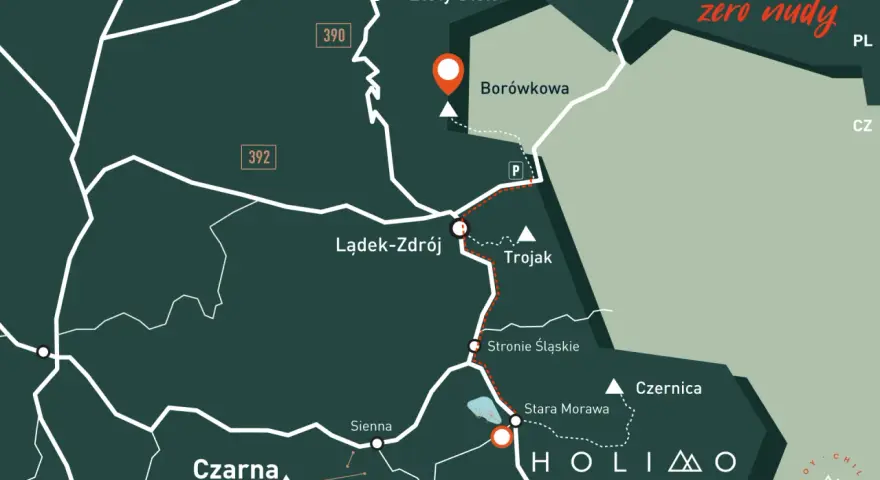 Mapa szlaku #projekt zero nudy. Punkt docelowy to Borówkowa góra, z zaznaczonymi miejscowościami Kłodzko, Lądek-Zdrój i Czarna Góra.