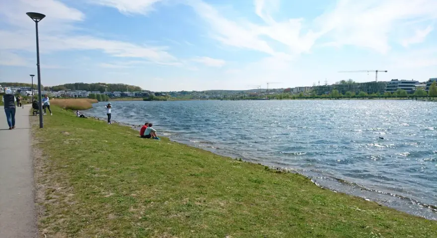 Ein sonniger Tag am Dortmunder See. Menschen spazieren am Ufer entlang, während ein Paar auf dem Gras sitzt und die Aussicht genießt.
