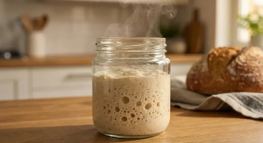 Blubbernder Sauerteig im Glas, der nach Essig riecht, dampft leicht. Daneben liegt ein frisch gebackenes Brot.
