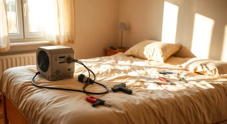 Ein Intex Luftbett mit integrierter Pumpe verliert Luft. Kabel und Werkzeuge liegen auf dem Bett.