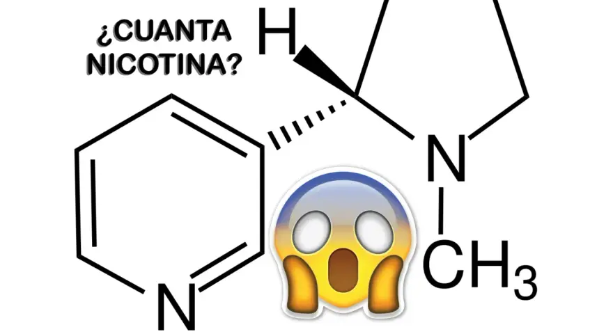 ¿Cuánta nicotina tiene un vaper? La imagen muestra la estructura química de la nicotina con un emoji de sorpresa.