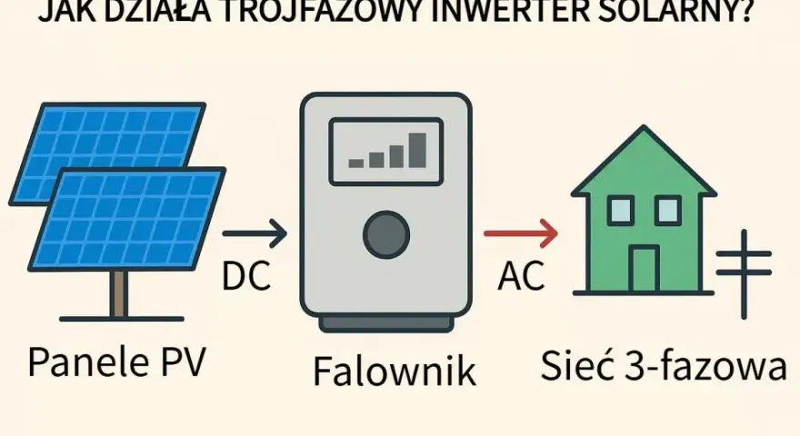 Schemat pokazuje, jak działa falownik trójfazowy: panele PV generują prąd stały (DC), który falownik zamienia na prąd zmienny (AC) dla sieci 3-fazowej.