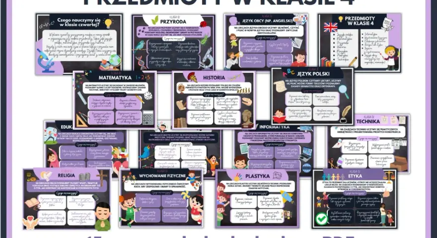 Przedmioty w klasie 4: przyroda, matematyka, historia, język polski, język obcy, informatyka, technika, plastyka, wychowanie fizyczne, edukacja, religia, etyka.