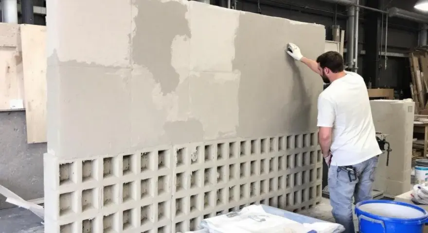 Un homme applique de l'enduit sur un mur en parpaing ajouré, créant une texture unique.