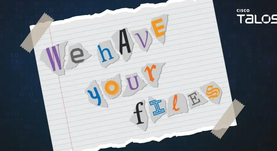 Przykłady ransomware: porwana kartka z napisem "We have your files" na tle kodu binarnego.