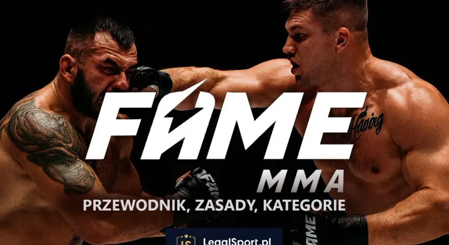 Dwóch zawodników w akcji podczas walki FAME MMA. Na pierwszym planie logo FAME MMA i tekst "Przewodnik, zasady, kategorie".