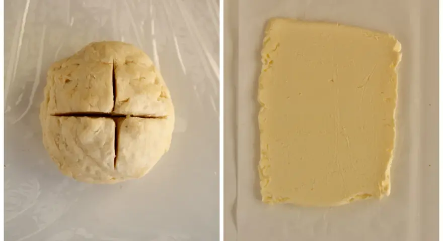 Impasto per pasta fatta in casa pronto per essere lavorato, accanto a una lastra di burro.