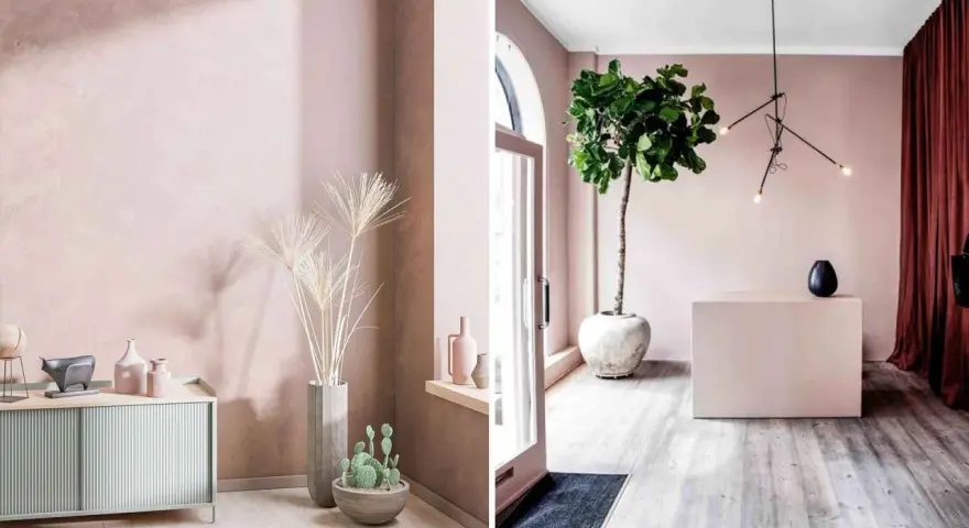 Ambiance douce : quelle couleur avec rose poudré ? Un décor moderne avec des plantes, des vases et un meuble bas.