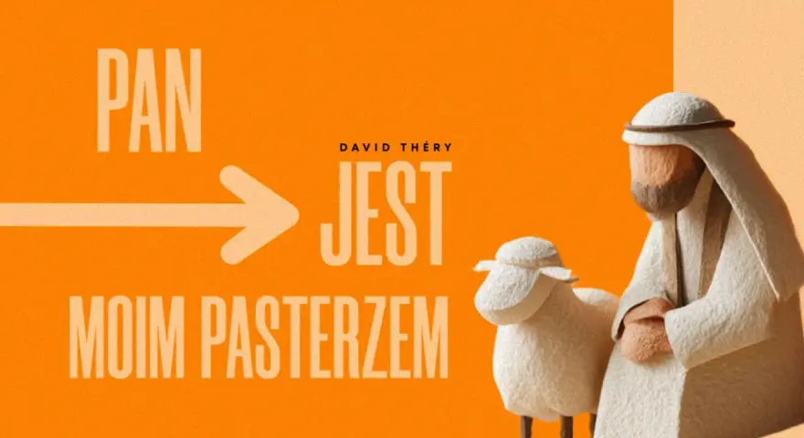 PAN JEST MOIM PASTERZEM" - tekst z grafiką pasterza i owcy. David Théry.