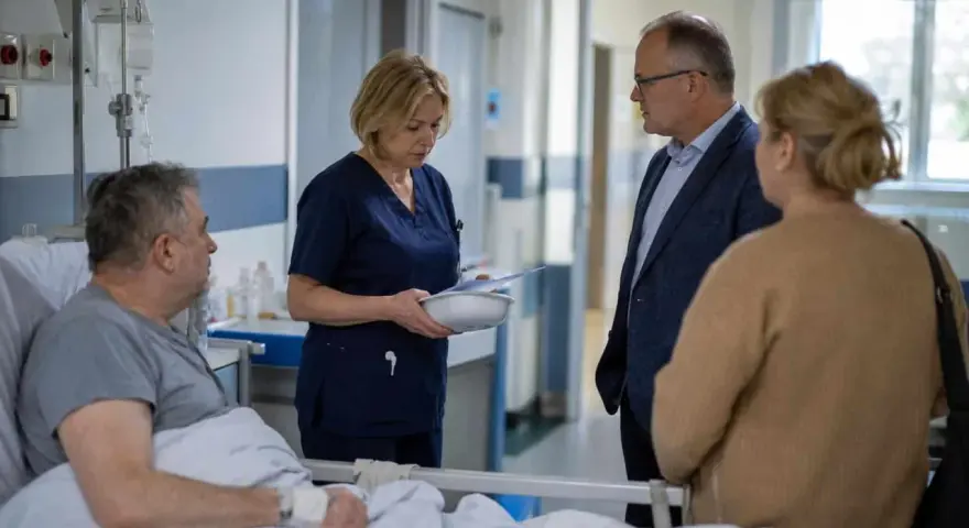 Pielęgniarka omawia z pacjentem i jego bliskimi dokumenty, co może dotyczyć odpowiedzialności cywilnej pielęgniarki.