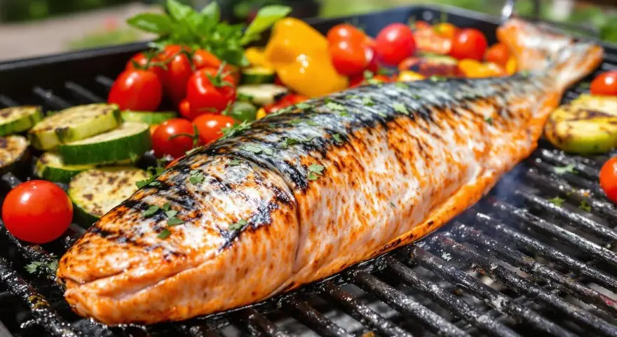 Un poisson entier, grillé à la perfection, avec des légumes colorés autour. Un délice de poisson au barbecue.