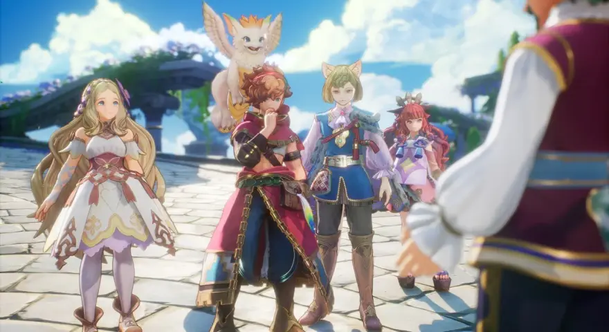 Un grupo de aventureros, con visiones de mana, se reúne bajo un cielo azul. Una chica rubia con vestido blanco, un chico con capa roja, otro con orejas de gato y una chica pelirroja.
