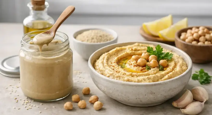 Słoik z gładkim tahini, obok miska z hummusem, ciecierzycą, czosnkiem i cytryną. Tahini co to? Pasta sezamowa!
