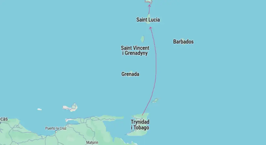 Mapa pokazuje, gdzie leżą Karaiby: Martynika, Saint Lucia, Saint Vincent i Grenadyny, Grenada, Trynidad i Tobago, Barbados, blisko Wenezueli.
