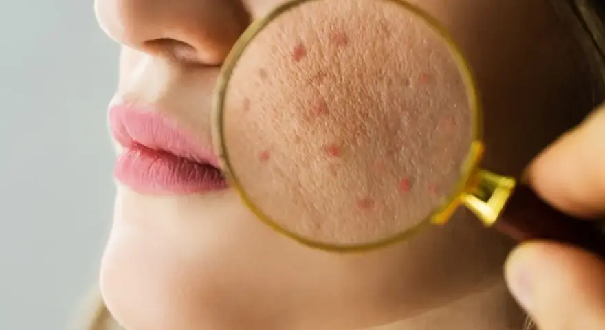 Powiększony fragment skóry z widocznymi czerwonymi krostkami, sugerującymi problem z fungal acne.