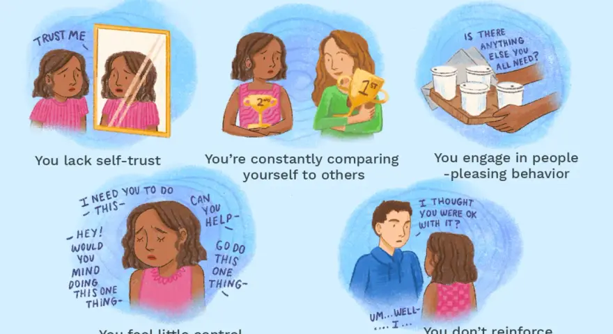 Illustrations showing examples of insecurities: lack of self-trust, comparing yourself to others, people-pleasing, feeling little control, and not reinforcing boundaries.