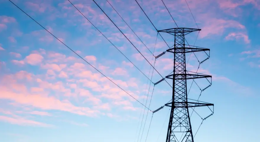 Wieża z przewodami linii energetycznej średniego napięcia na tle różowo-niebieskiego nieba.