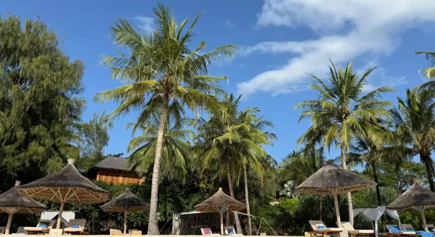 Rajska plaża z palmami i leżakami. Czy na Zanzibar trzeba paszport? Tak, jest potrzebny.