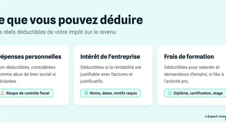 Ce que vous pouvez déduire : frais personnels non déductibles, intérêt de l'entreprise justifiable, et frais de formation pour salariés. Optimisez vos **travaux déductibles des impôts**.